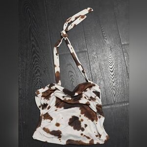 Cow Print Halter Crop Top - Brown & White